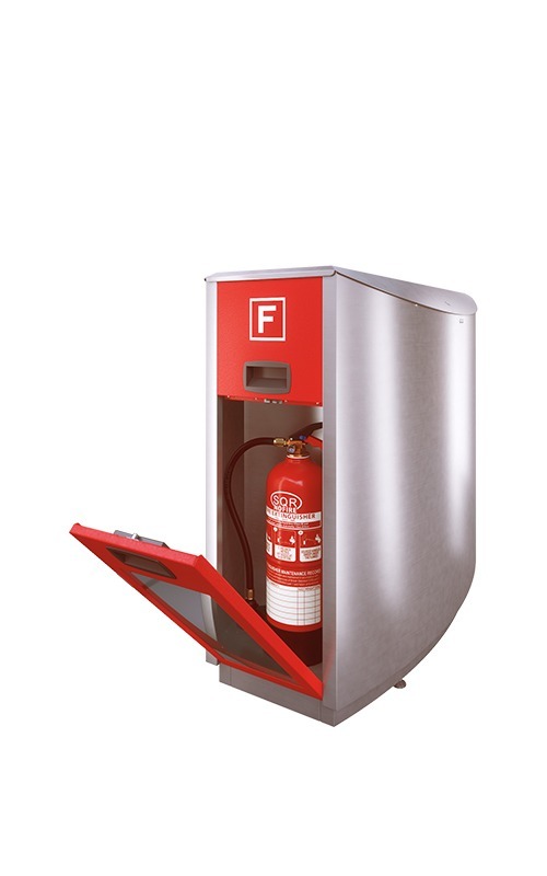 AUWEKO FF3FL Open Bild: FF3FL-Mülltonne mit Feuerlöscherfach (geöffnet)